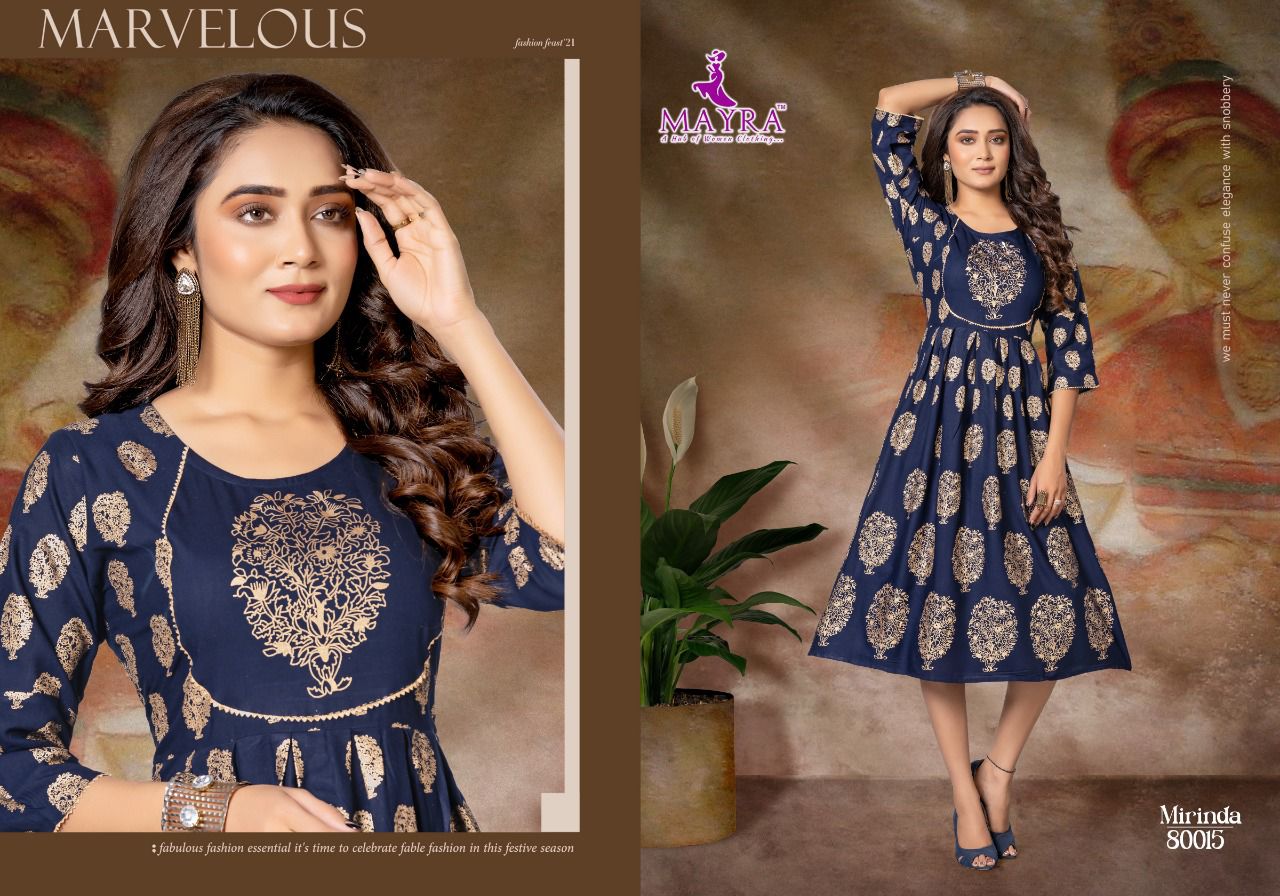 Mayra Mirinda Rayon Printed Ethnic Wear Anarakli Kurti Collection
